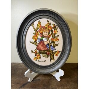 Vintage Crewel Needlepoint Hummel Girl Sitting In Tree - Oval Frame 12"x10"